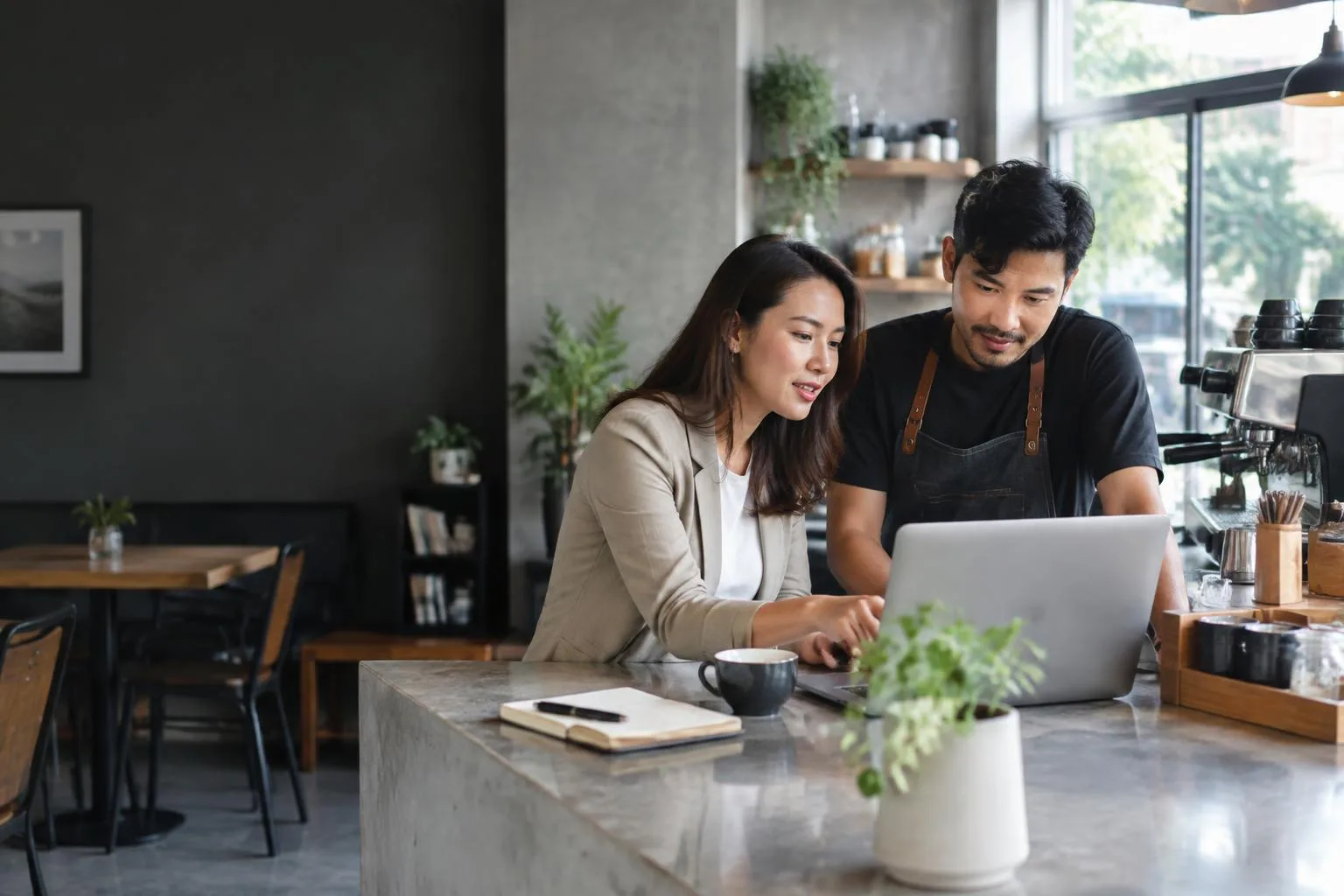 An agency consultant and café owner reviewing a laptop at the counter