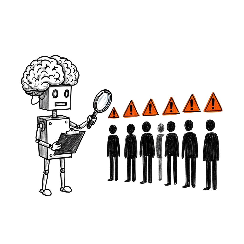 Sketch of AI brain robot scanning customers and flagging at-risk ones