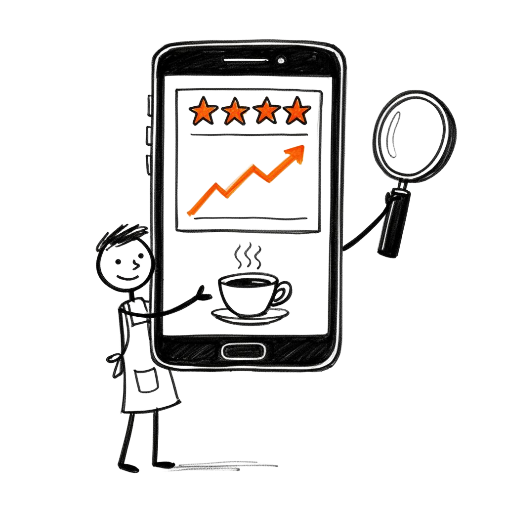 Stick figure barista holding phone showing AI customer profile with stars