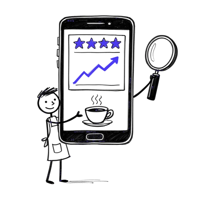Stick figure barista holding phone showing AI customer profile with stars