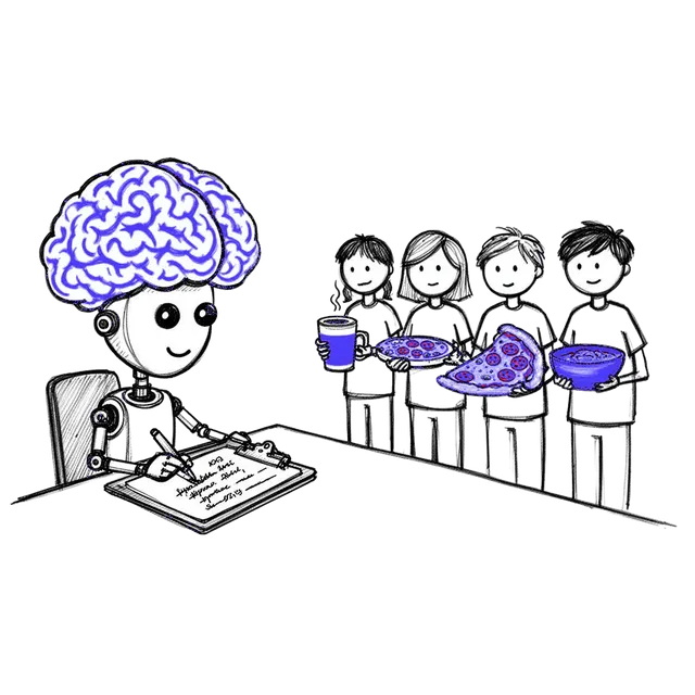 Sketch of an AI brain robot taking notes on customers