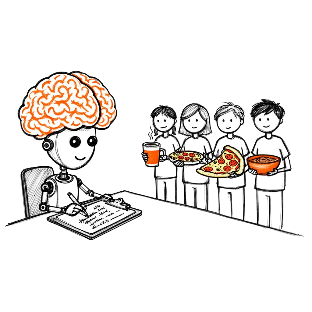 Sketch of an AI brain robot taking notes on customers