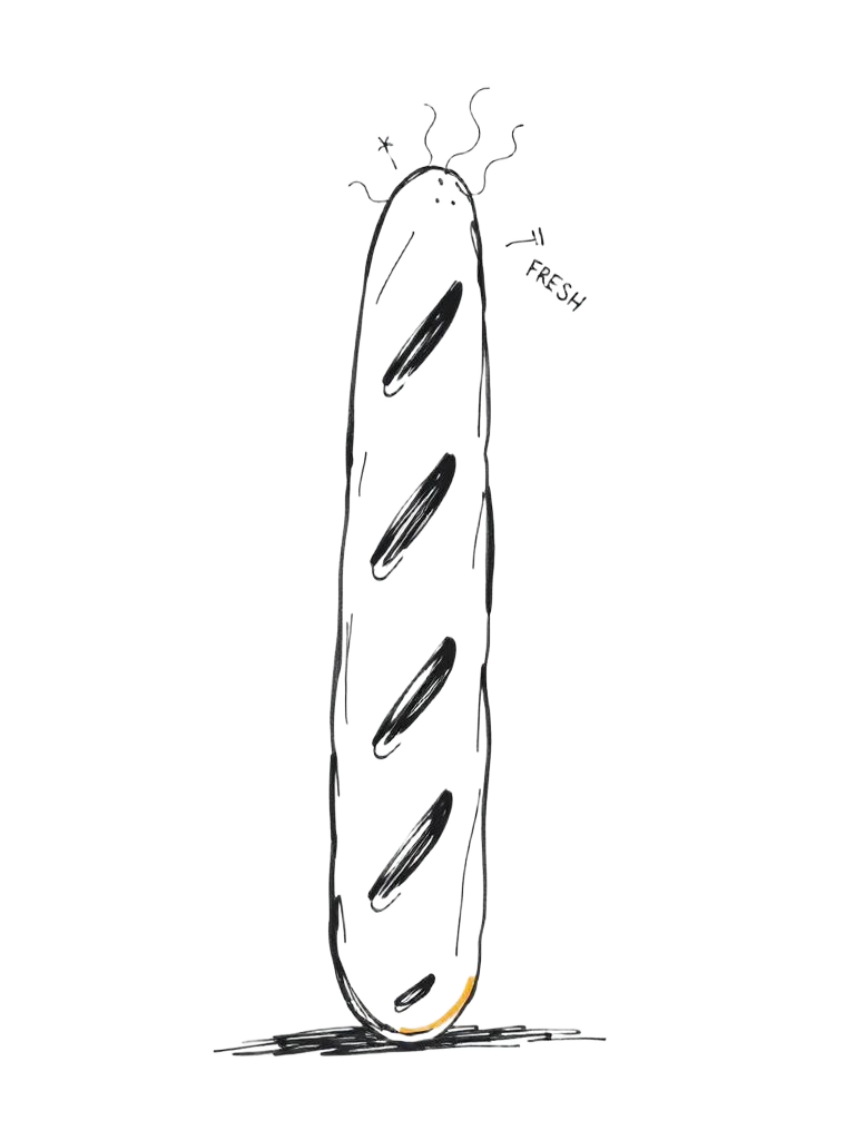 A tall fresh baguette with steam