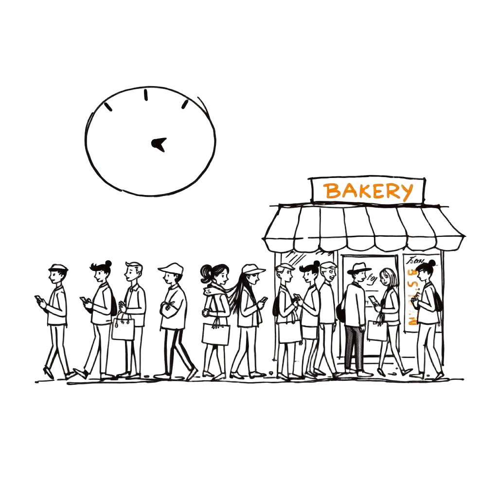 Long queue of people outside bakery in morning
