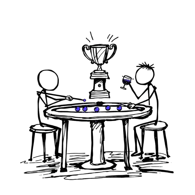 Two friends at pool table with trophy