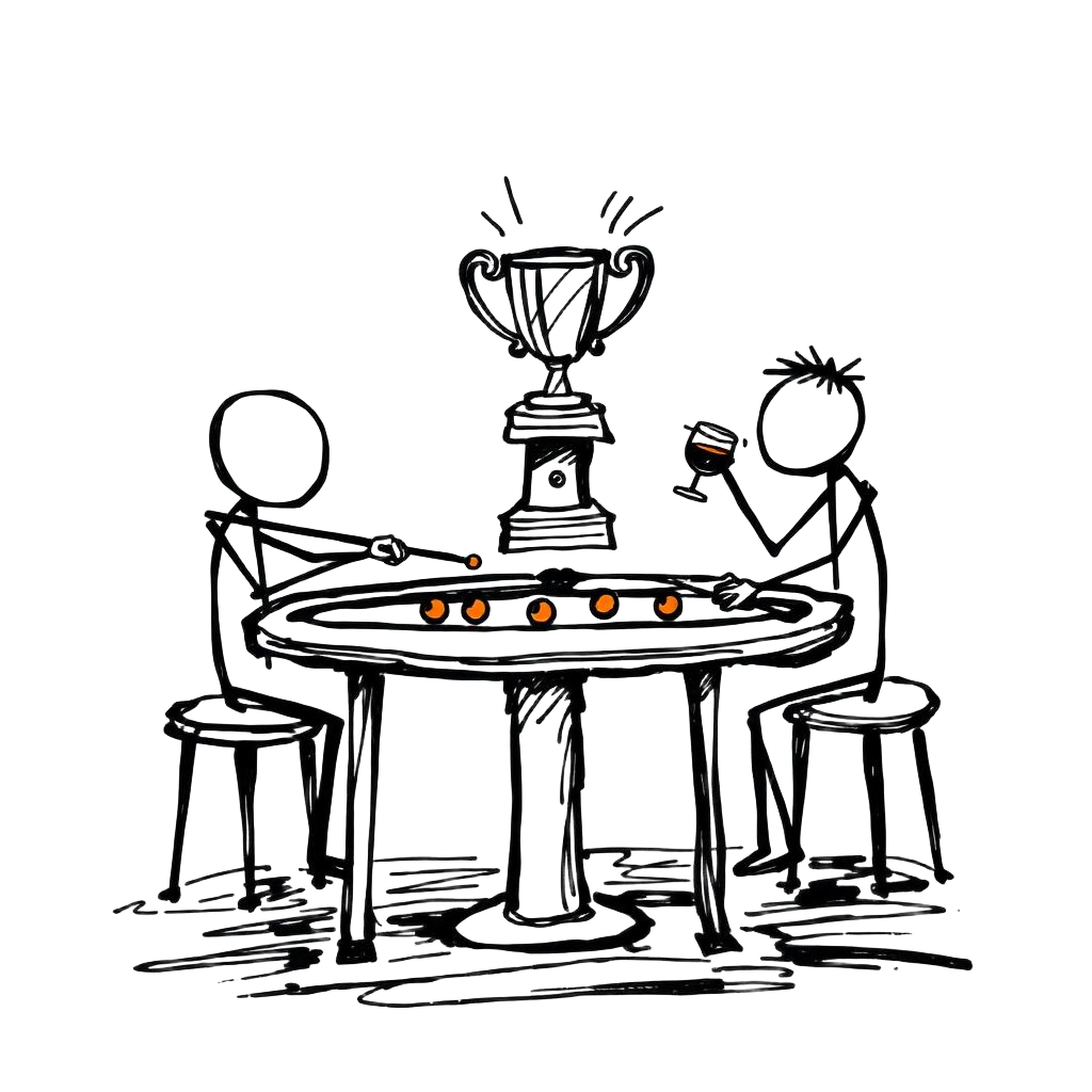 Two friends at pool table with trophy