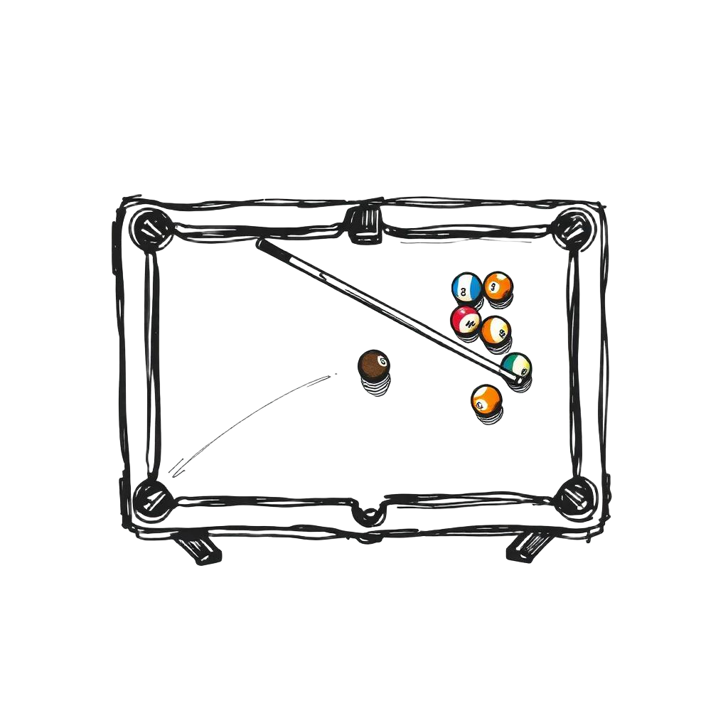 Pool table with billiard balls and cue