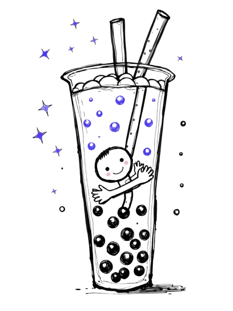 Giant bubble tea cup with pearls and a happy character