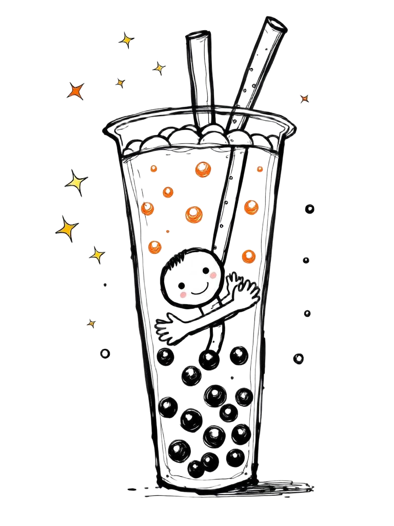 Giant bubble tea cup with pearls and a happy character