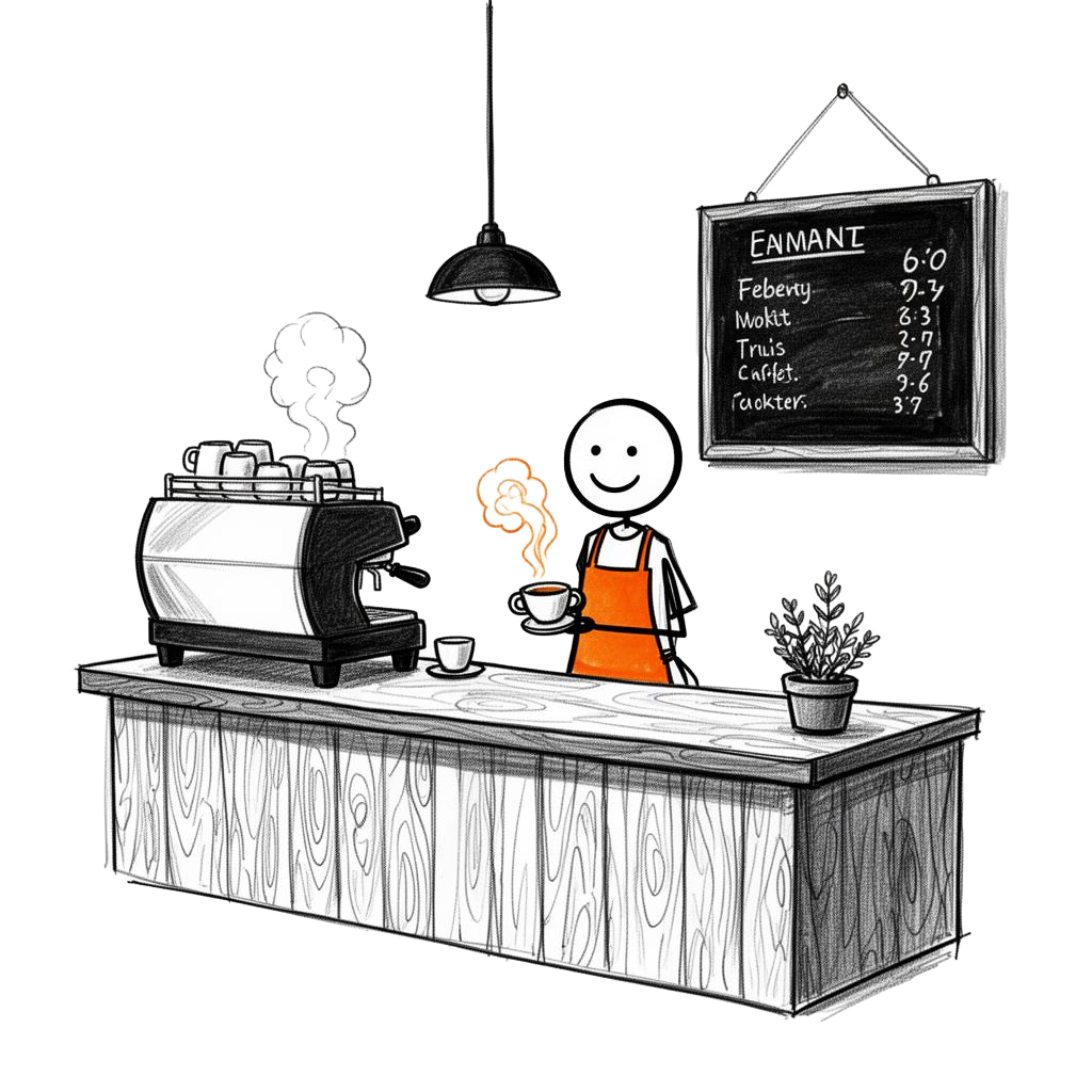 Hand-drawn sketch of a barista behind a cafe counter with espresso machine