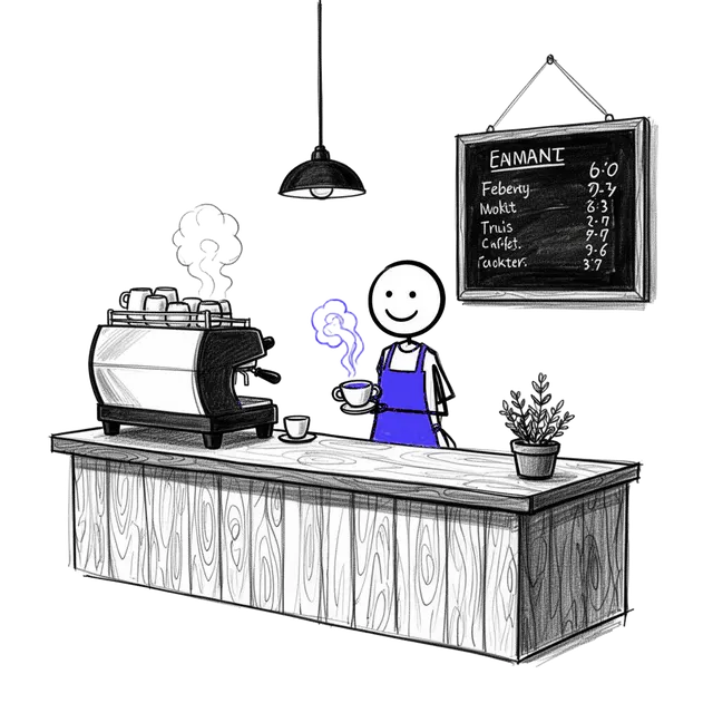 Hand-drawn sketch of a barista behind a cafe counter with espresso machine