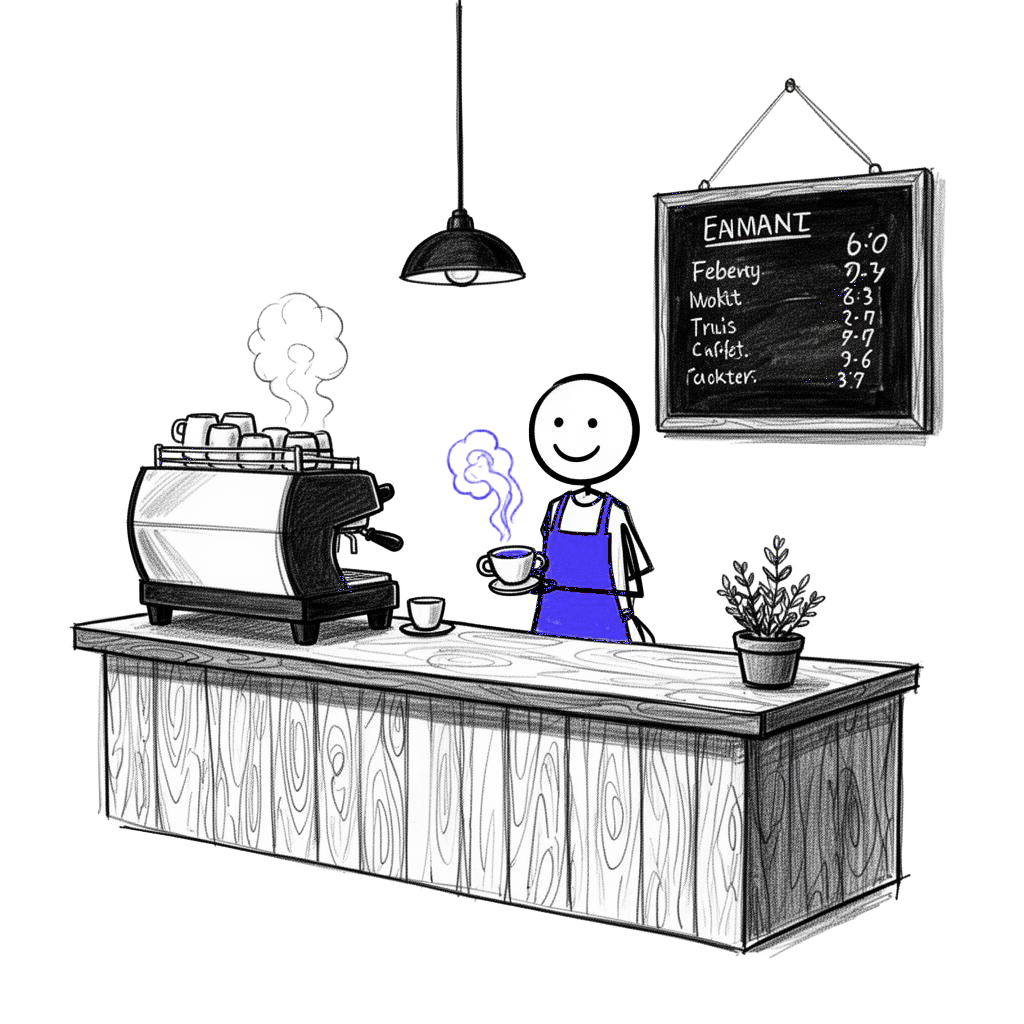 Hand-drawn sketch of a barista behind a cafe counter with espresso machine