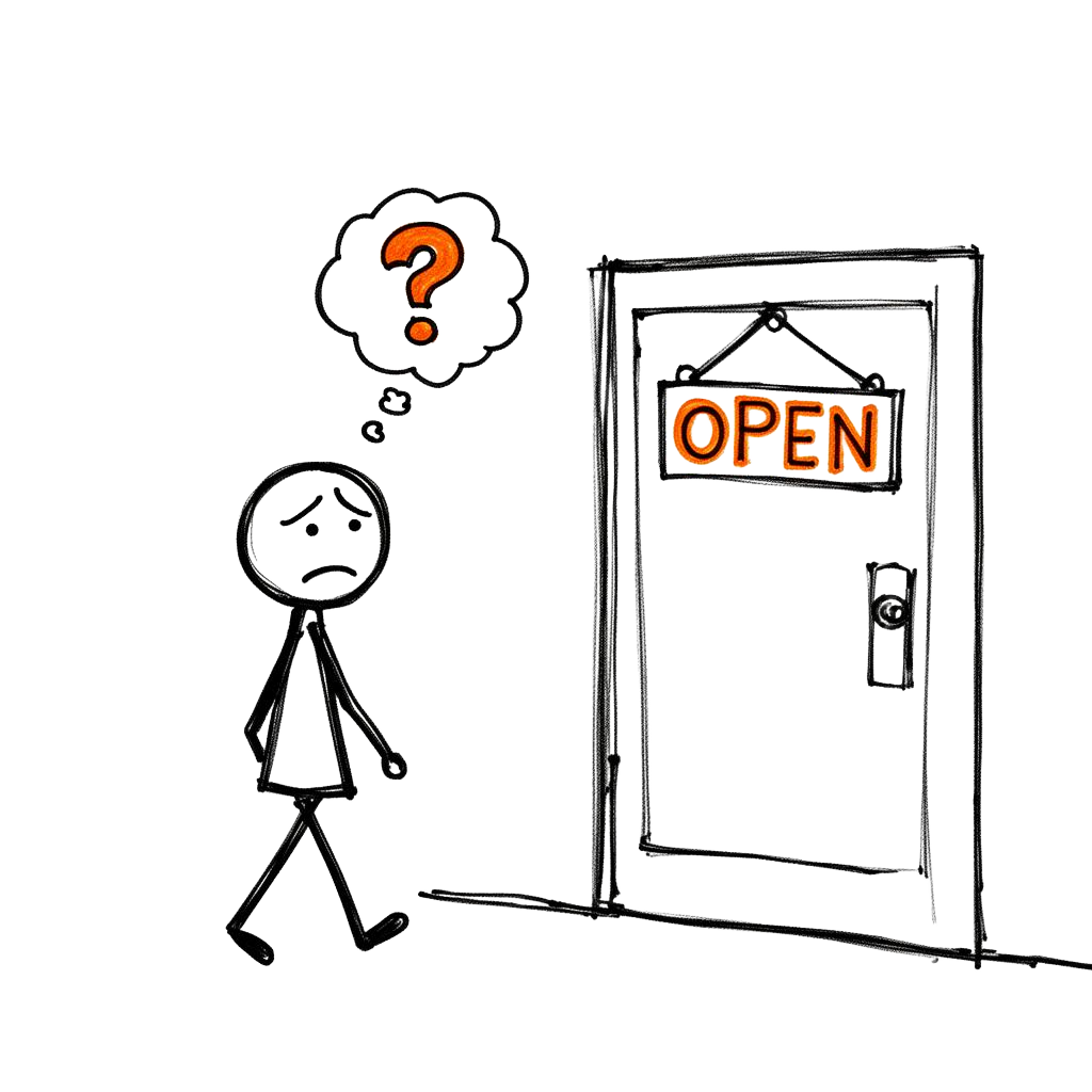 Stick figure customer drifting away from cafe with a question mark thought bubble