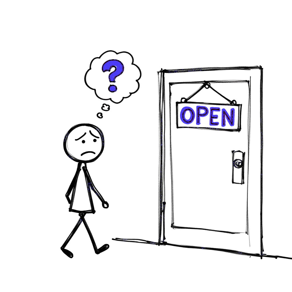 Stick figure customer drifting away from cafe with a question mark thought bubble