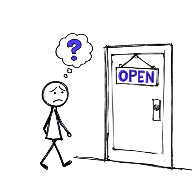 Stick figure customer drifting away from cafe with a question mark thought bubble