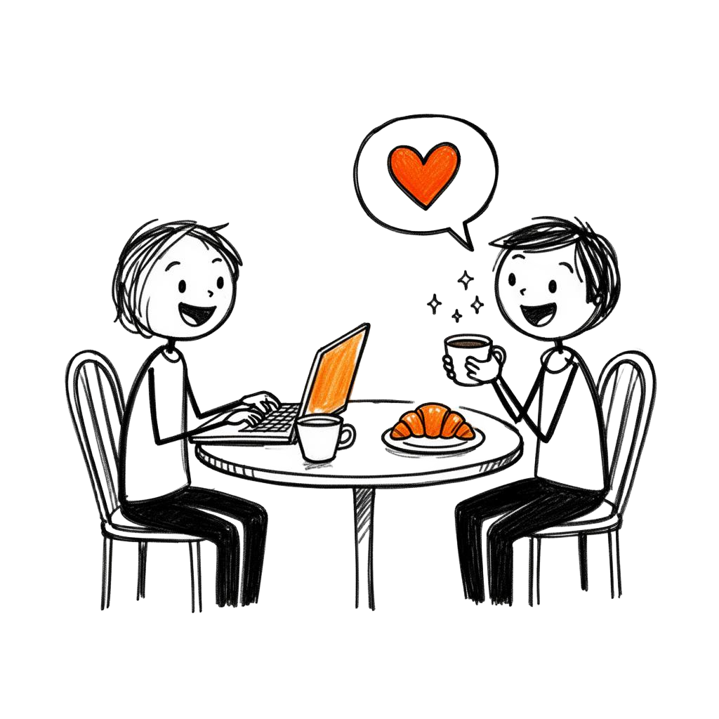 Two stick-figure regulars at a cafe table with laptop, coffee and croissant