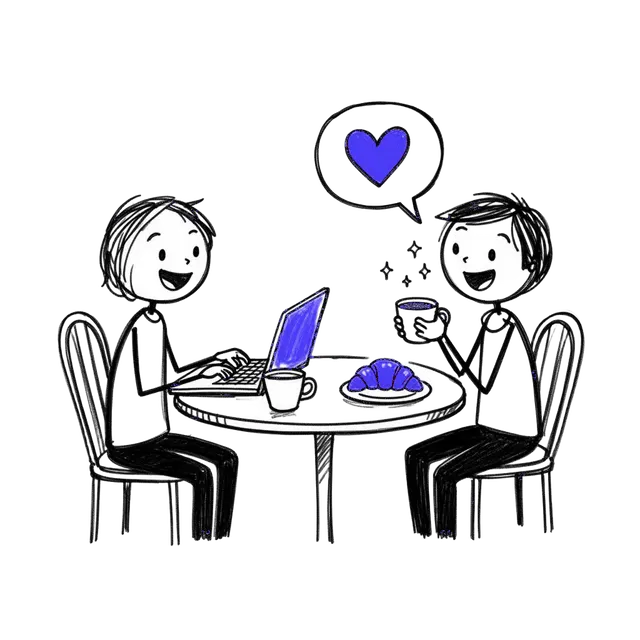 Two stick-figure regulars at a cafe table with laptop, coffee and croissant