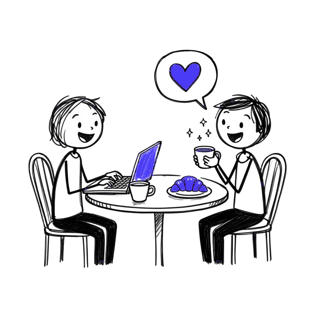 Two stick-figure regulars at a cafe table with laptop, coffee and croissant