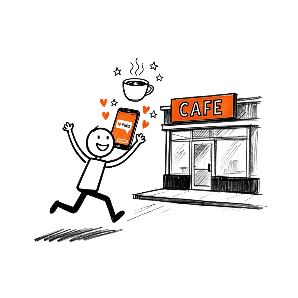 Happy stick figure running back to cafe with phone notification
