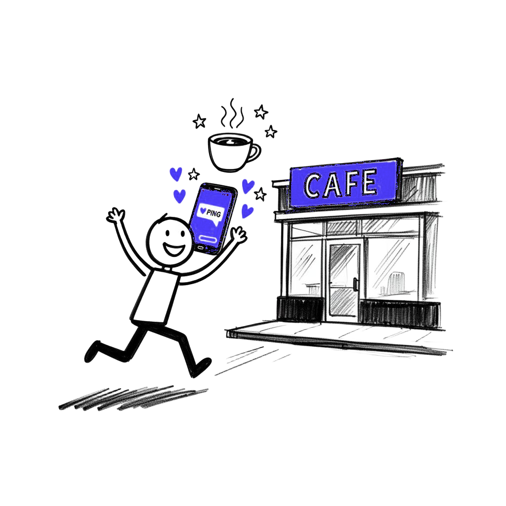 Happy stick figure running back to cafe with phone notification