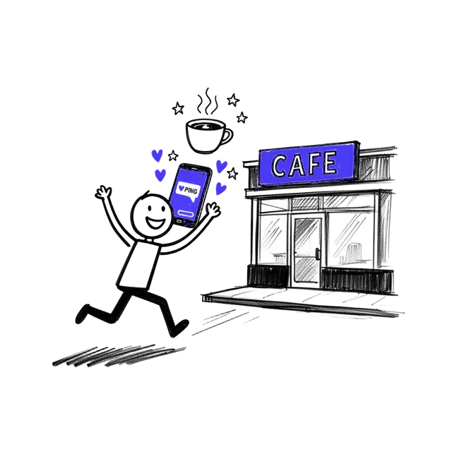 Happy stick figure running back to cafe with phone notification