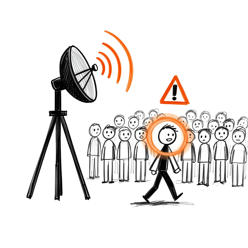Sketch of a radar scanning a crowd, flagging an at-risk customer