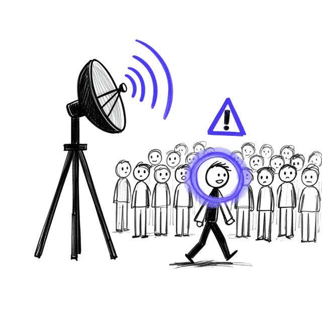 Sketch of a radar scanning a crowd, flagging an at-risk customer