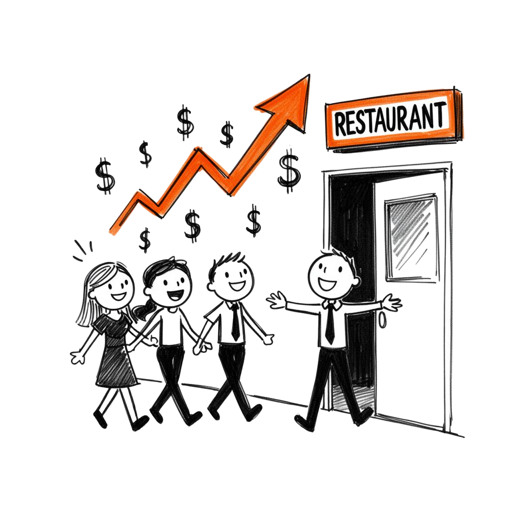 Sketch of a happy cohort of customers returning to a restaurant