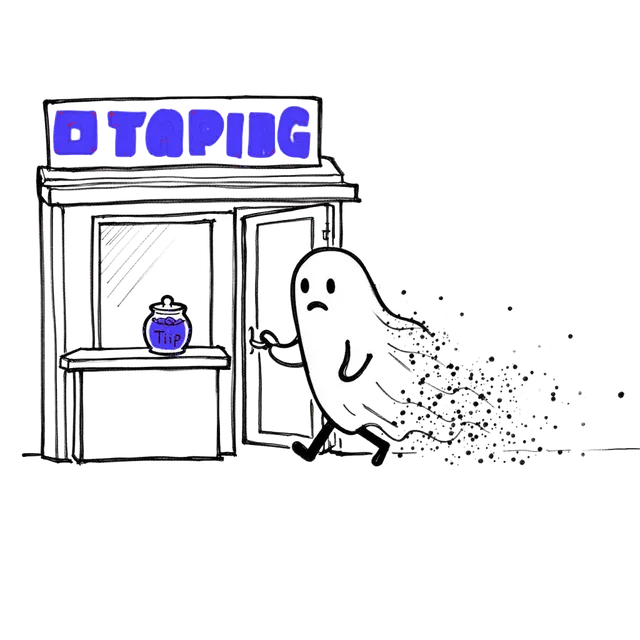 Sketch of a ghost-like customer fading away from a small shop