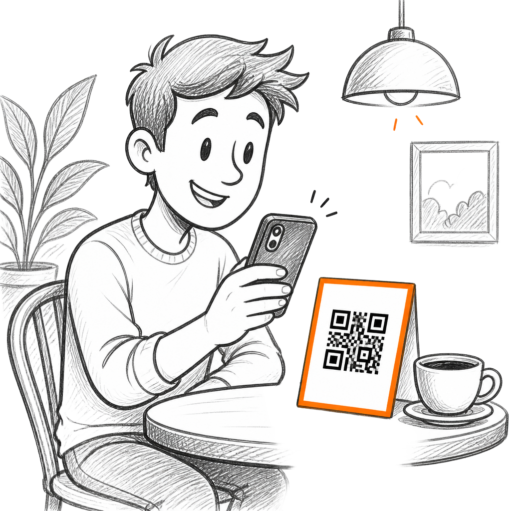 Hand-drawn sketch of a cafe guest scanning a table QR code with their phone