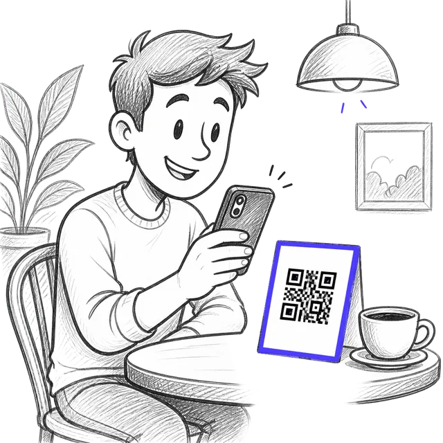 Hand-drawn sketch of a cafe guest scanning a table QR code with their phone