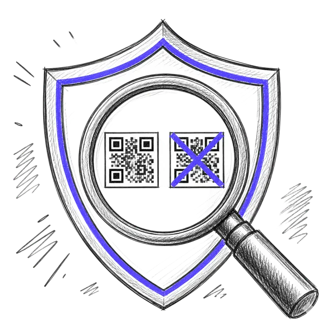 Hand-drawn sketch of a shield and magnifying glass catching a duplicate QR check-in
