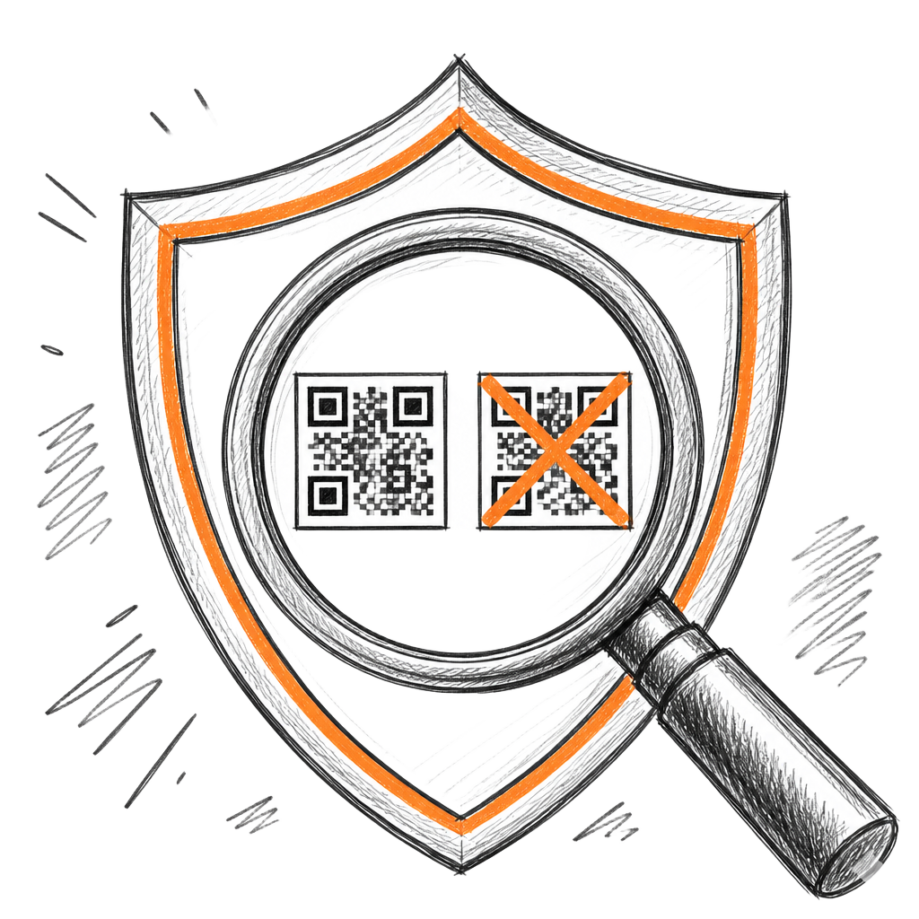 Hand-drawn sketch of a shield and magnifying glass catching a duplicate QR check-in