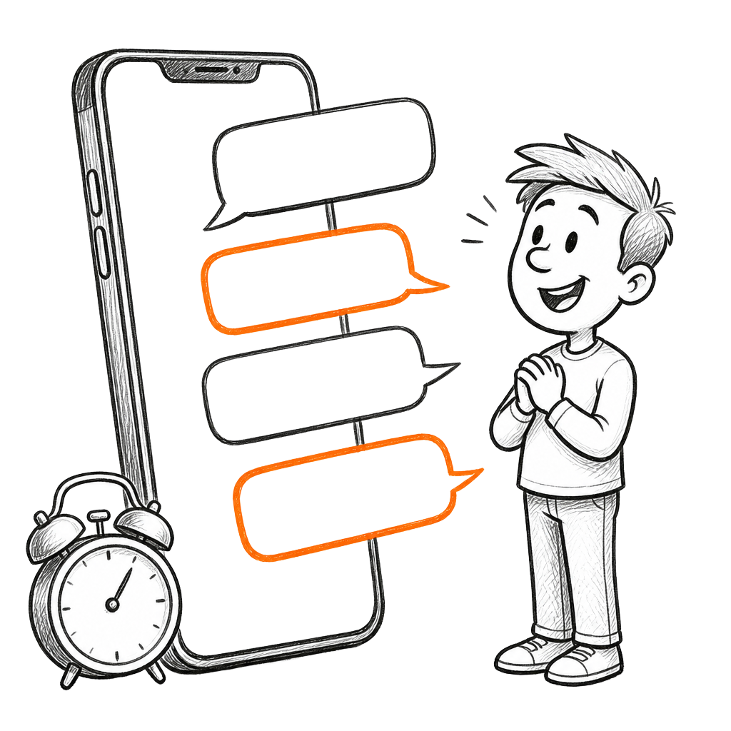 Hand-drawn sketch of a phone sending chat bubbles to a smiling guest, alarm clock beside it