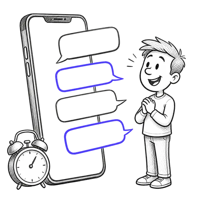 Hand-drawn sketch of a phone sending chat bubbles to a smiling guest, alarm clock beside it
