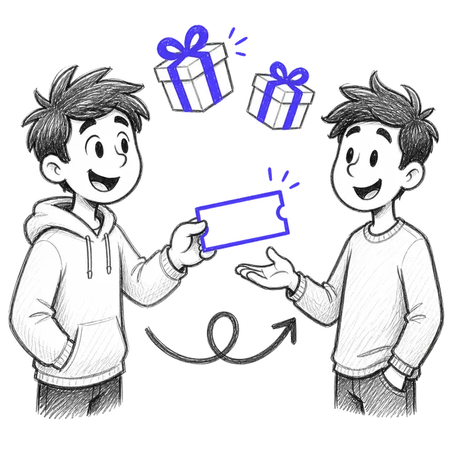 Hand-drawn sketch of one guest handing a voucher to a friend with gift boxes above