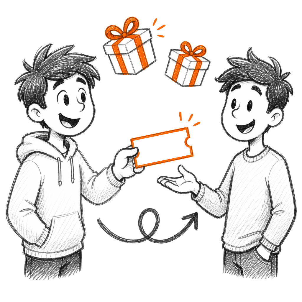 Hand-drawn sketch of one guest handing a voucher to a friend with gift boxes above