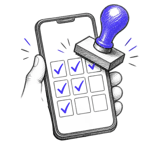 Hand-drawn sketch of a hand holding a phone with a stamp grid and a rubber stamp