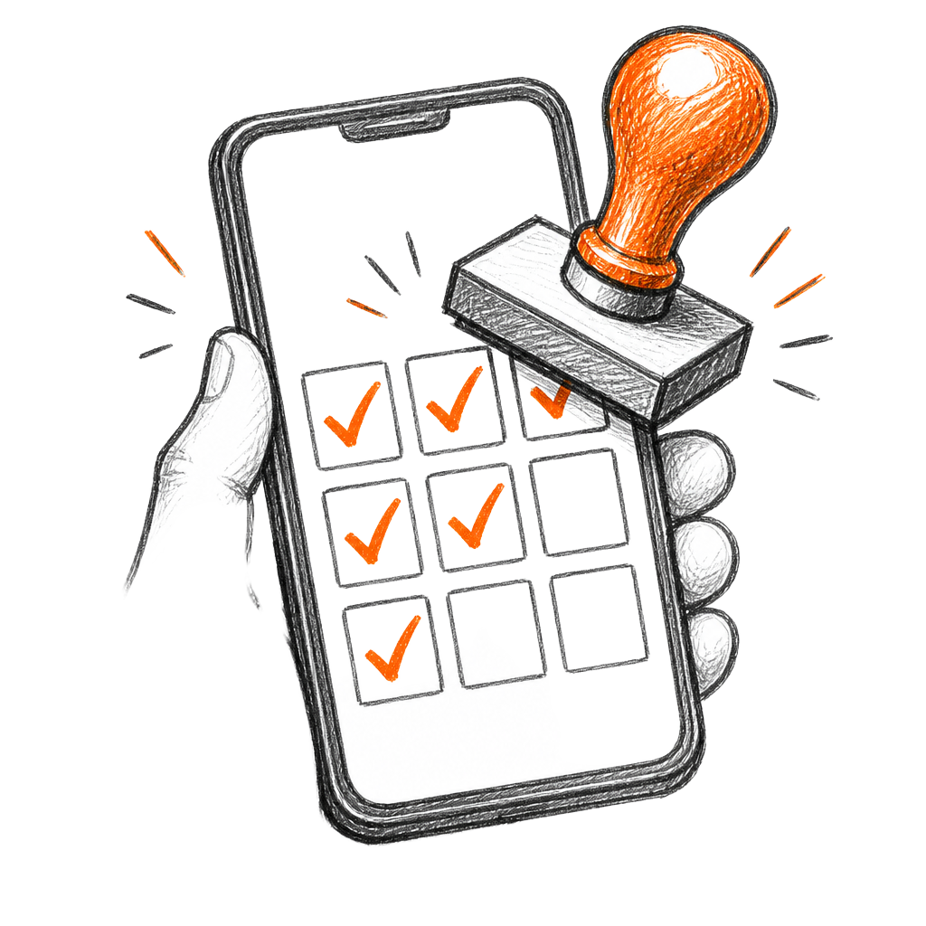 Hand-drawn sketch of a hand holding a phone with a stamp grid and a rubber stamp