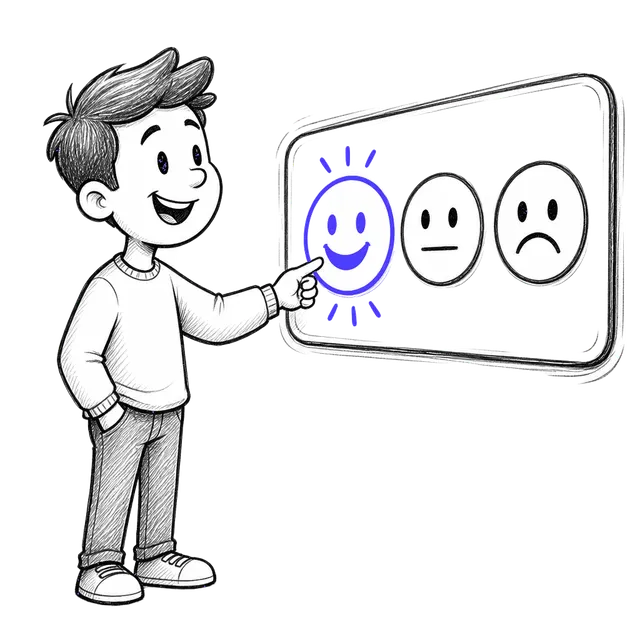 Hand-drawn sketch of a guest tapping a happy face on a rating panel
