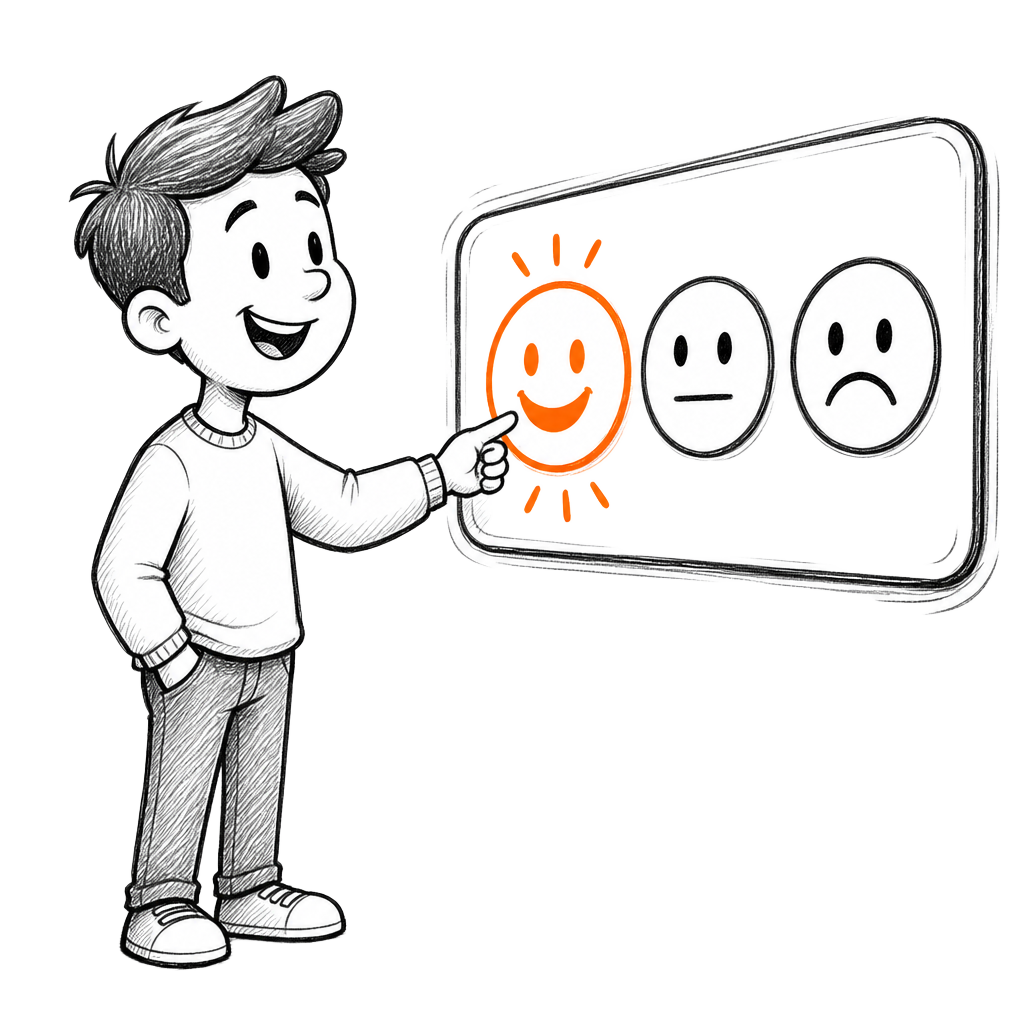 Hand-drawn sketch of a guest tapping a happy face on a rating panel