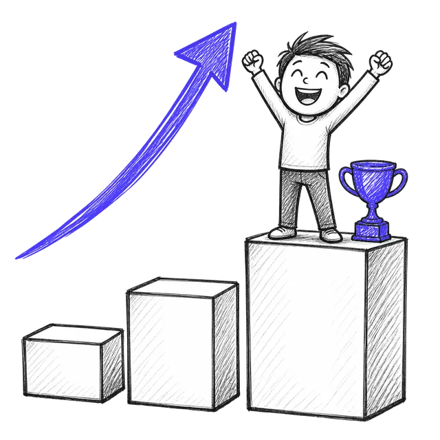 Hand-drawn sketch of a guest on the top podium step beside a trophy with a rising arrow