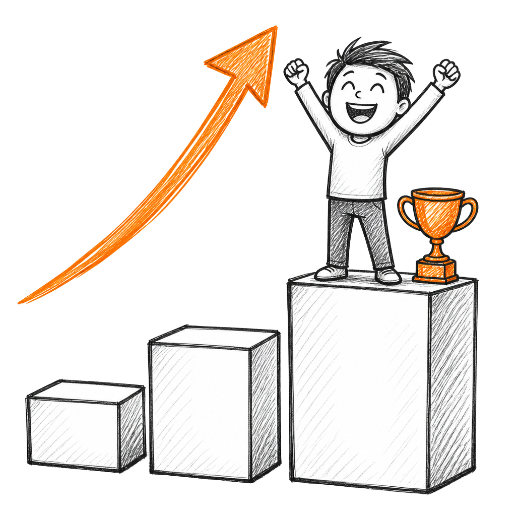 Hand-drawn sketch of a guest on the top podium step beside a trophy with a rising arrow