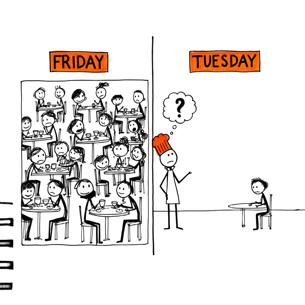 Sketch of a packed Friday vs empty Tuesday restaurant