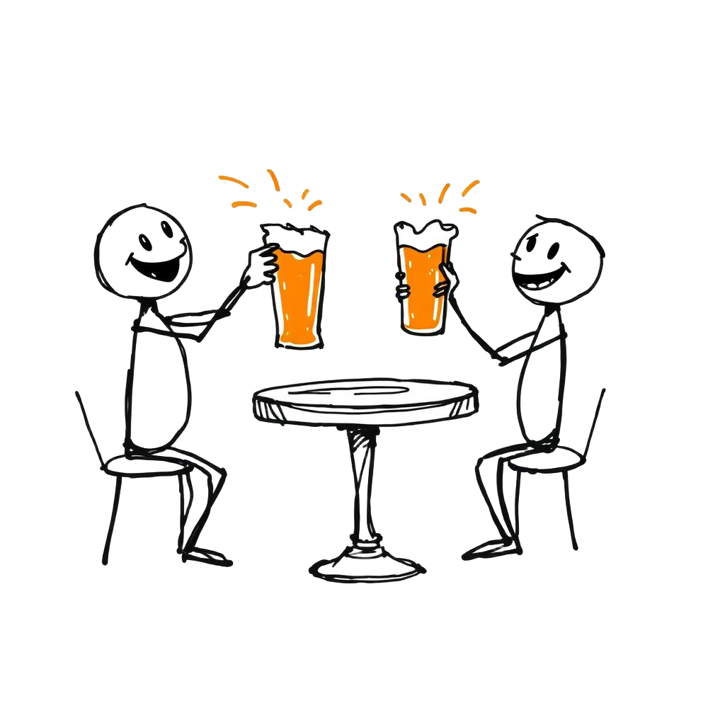 Two friends cheering pints at a pub table
