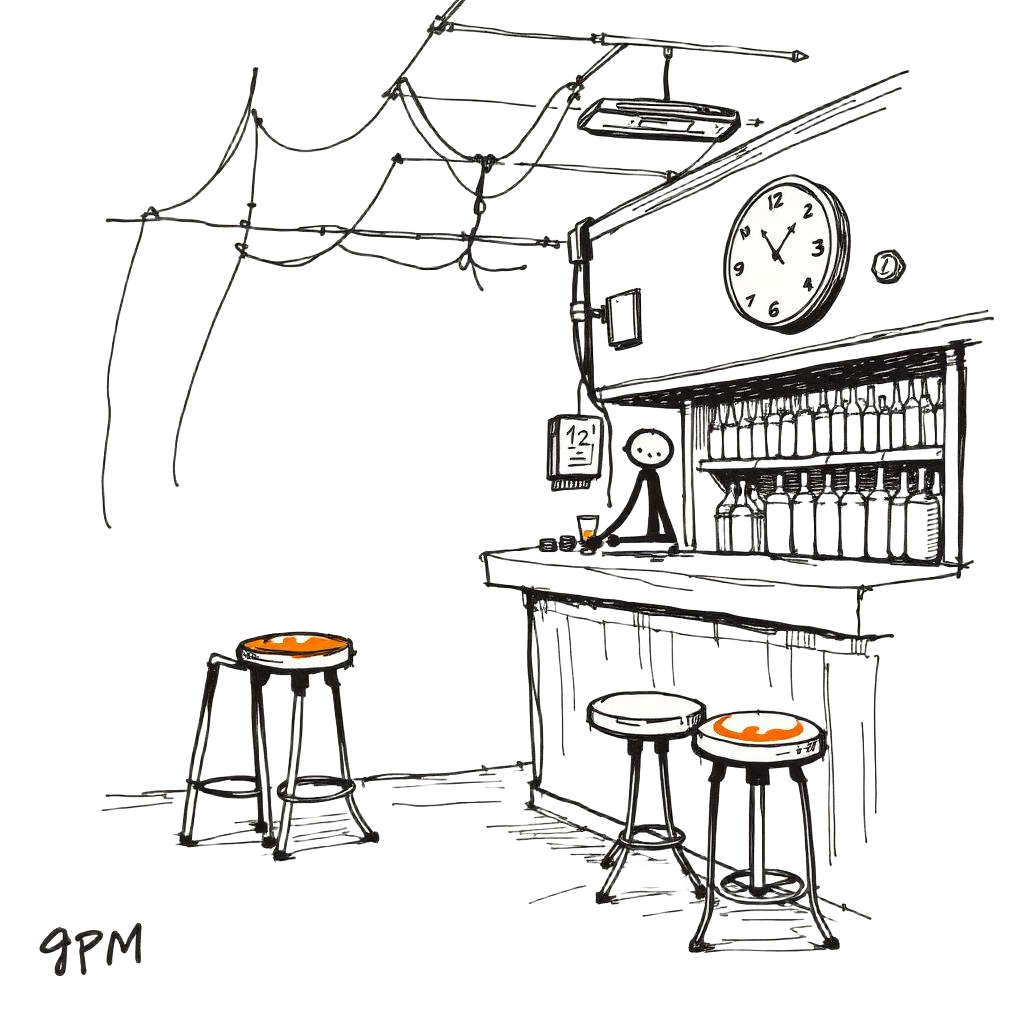 Sketch of an empty pub at 9pm with a lonely owner