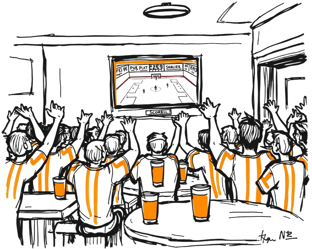 Crowd watching a match on TV with pints