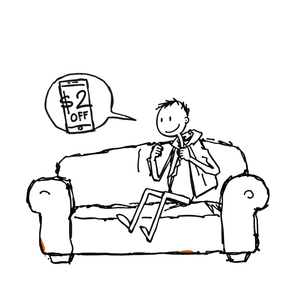 Stick figure on a sofa receiving a $2 OFF SMS and grabbing his keys