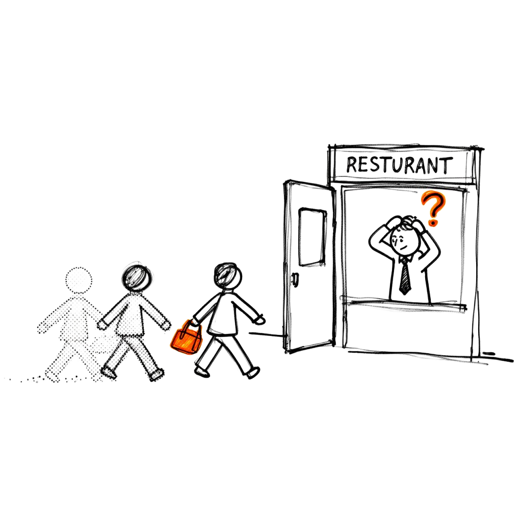 Sketch of regular customers walking away from a confused restaurant owner