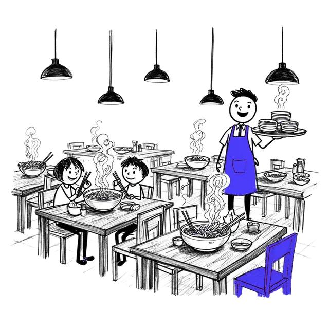Hand-drawn sketch of a busy restaurant with stick-figure waiter serving pho to seated customers